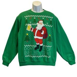 Jerzees Santa Says Cheers DON'T STOP BELIEVING Ugly Christmas Sweatshirt Size L